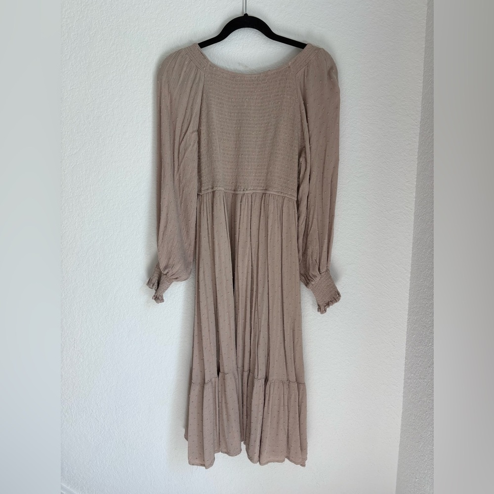 Baltic Born Lainey Smocked Swiss Dot Midi Dress Taupe Boho Long Sleeve Large - Picture 8 of 14
